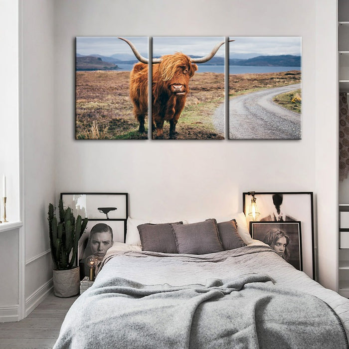 Beautiful Brown Cow-Canvas Wall Art Painting 3 Pieces