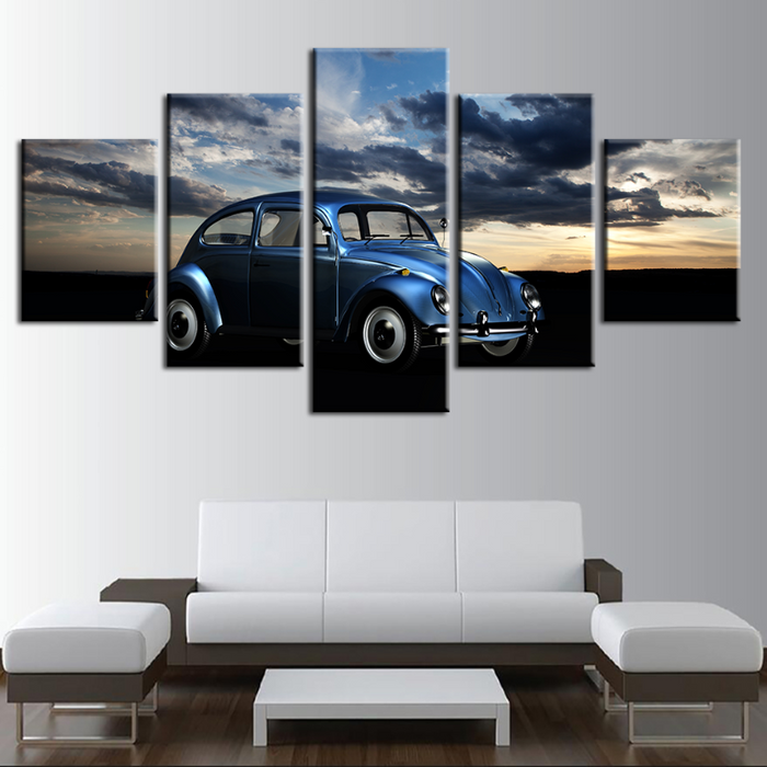5 Pieces - Cloudy - Blue Classic Vintage Car - Canvas Wall Art Painting