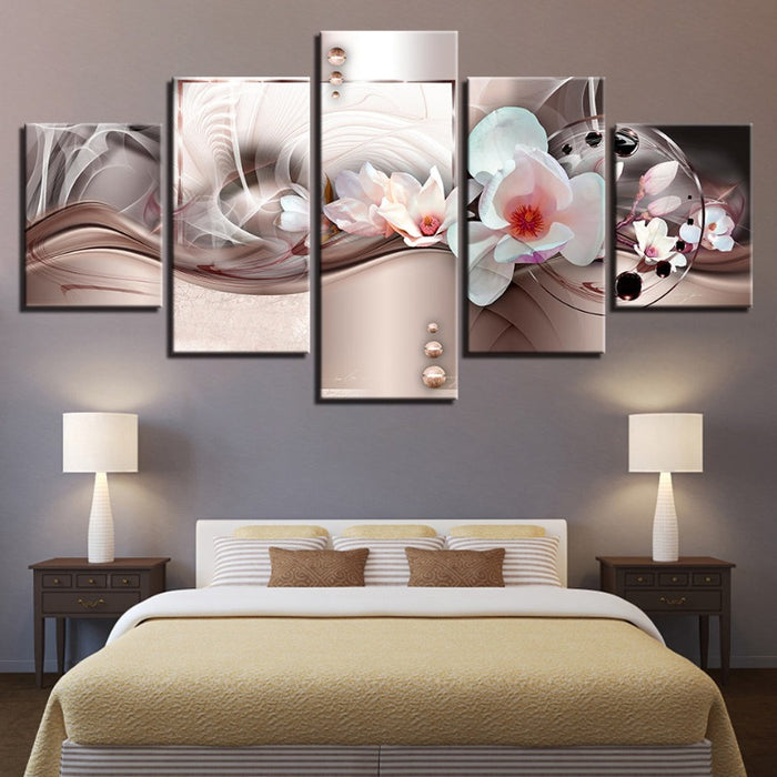 5 Piece Rose Gold Background White Flower - Canvas Wall Art Painting