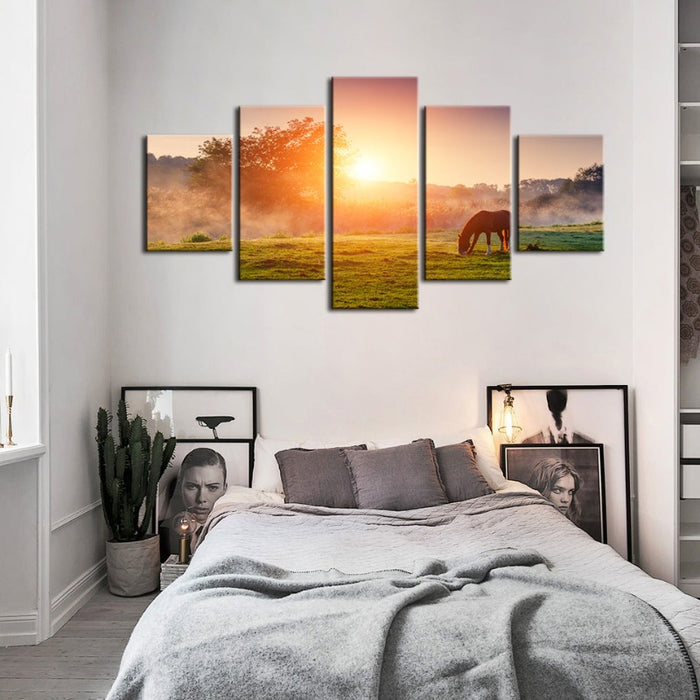 5 Piece Sunrise Grazing Horse - Canvas Wall Art Painting