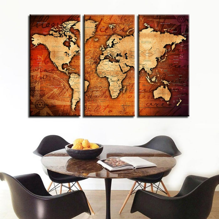 Brown & Red Rustic World Map-Canvas Wall Art Painting 3 Pieces