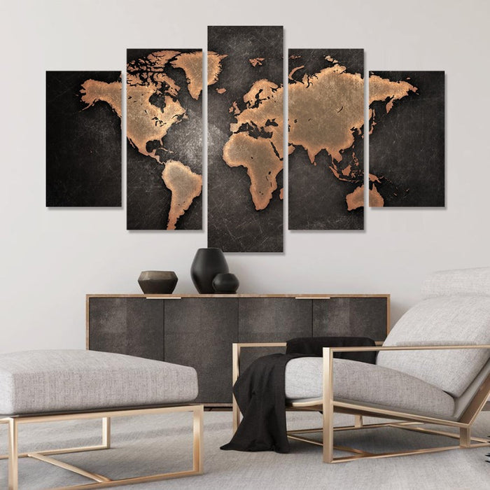 5 Piece Brown World Map - Canvas Wall Art Painting