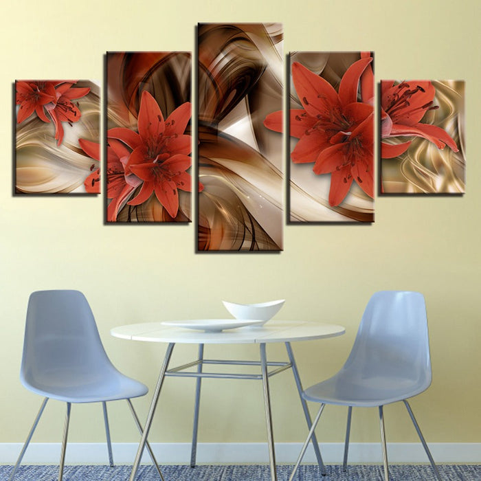 5 Piece Golden Background Red Flower - Canvas Wall Art Painting
