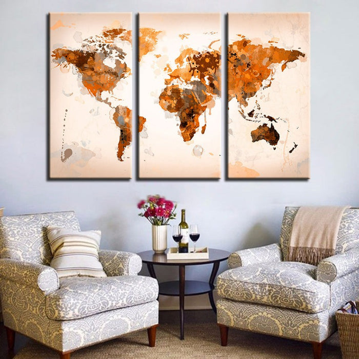 Beautiful Abstract Brown World Map-Canvas Wall Art Painting 3 Pieces