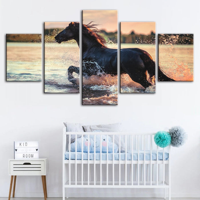5 Piece Running Horse in Water - Canvas Wall Art Painting