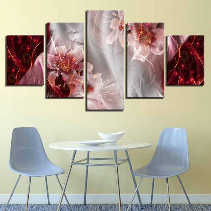 5 Piece Red White Ombre Background Pink Flower - Canvas Wall Art Painting