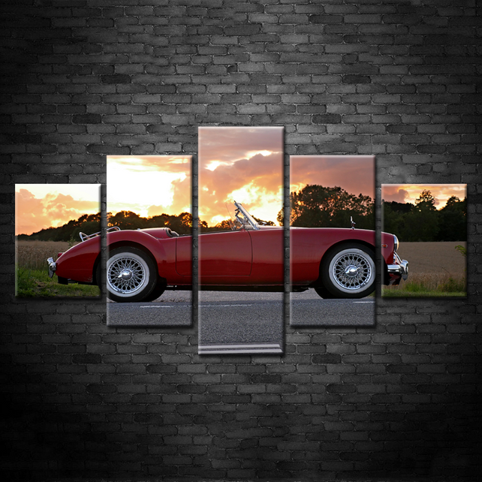 5 Pieces Sunrise - Classic Red Vintage Car - Canvas Wall Art Painting