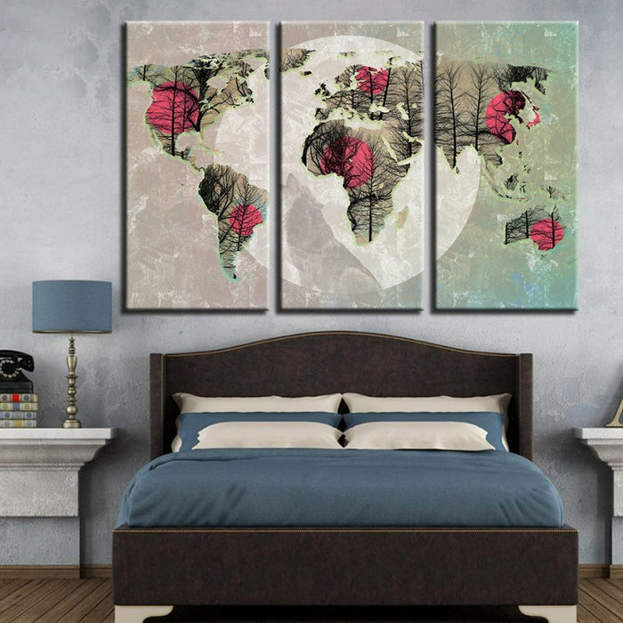 Beautiful Abstract Pink Sun World Map-Canvas Wall Art Painting 3 Pieces