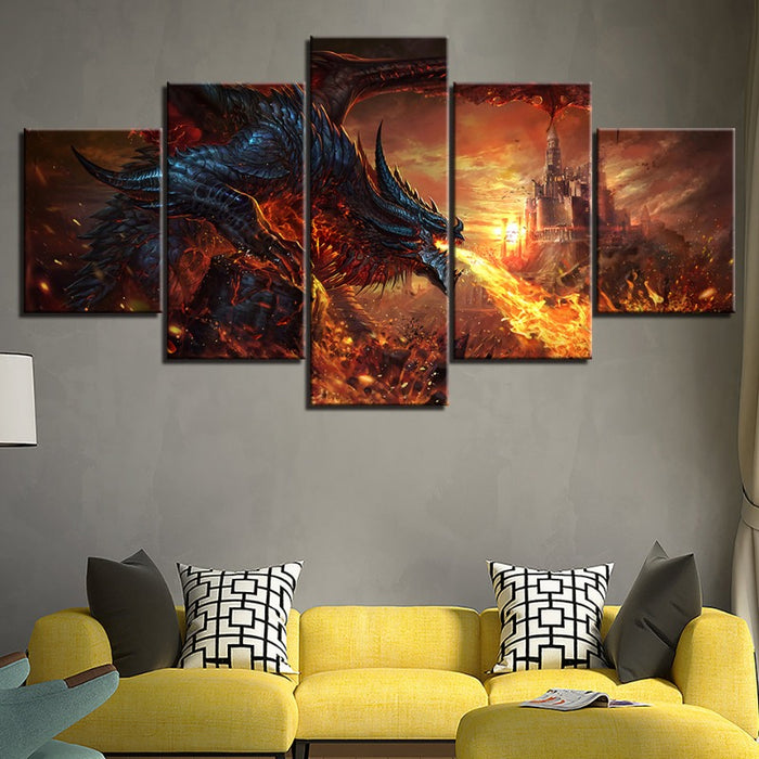 Dragon And Castle - 5 Piece Canvas Wall Art Painting