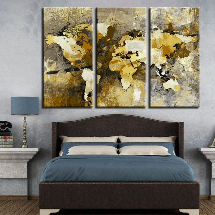 Beautiful Abstract Yellow Brown World Map-Canvas Wall Art Painting 3 Pieces
