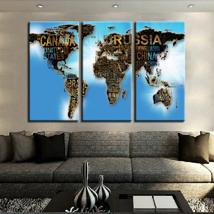Country Name & Blue Sea World Map-Canvas Wall Art Painting 3 Pieces