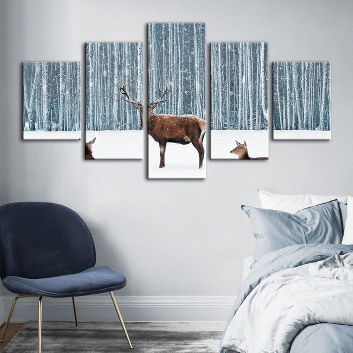 5 Piece Two Does and a Deer in Winter - Canvas Wall Art Painting