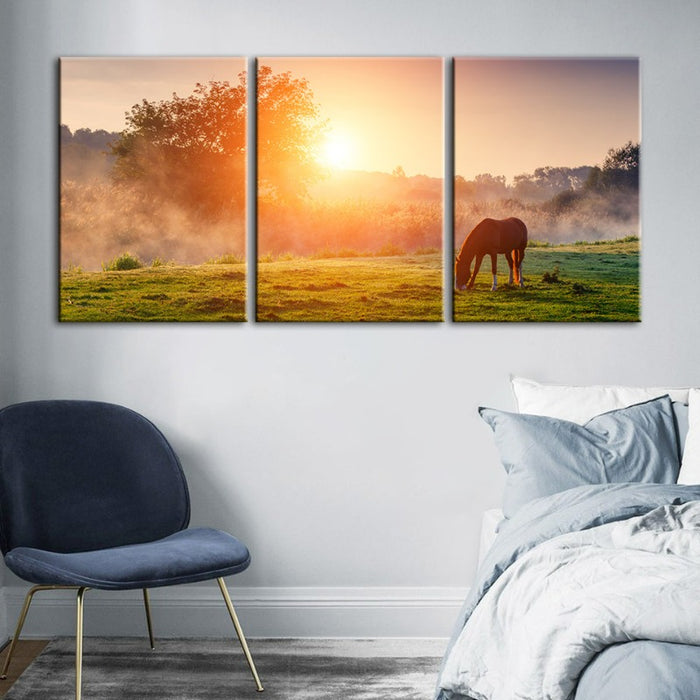 Sunrise Grazing Horse-Canvas Wall Art Painting 3 Pieces