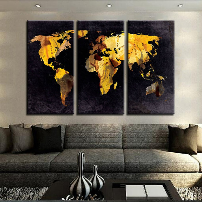 Beautiful Yellow Leaf World Map-Canvas Wall Art Painting 3 Pieces