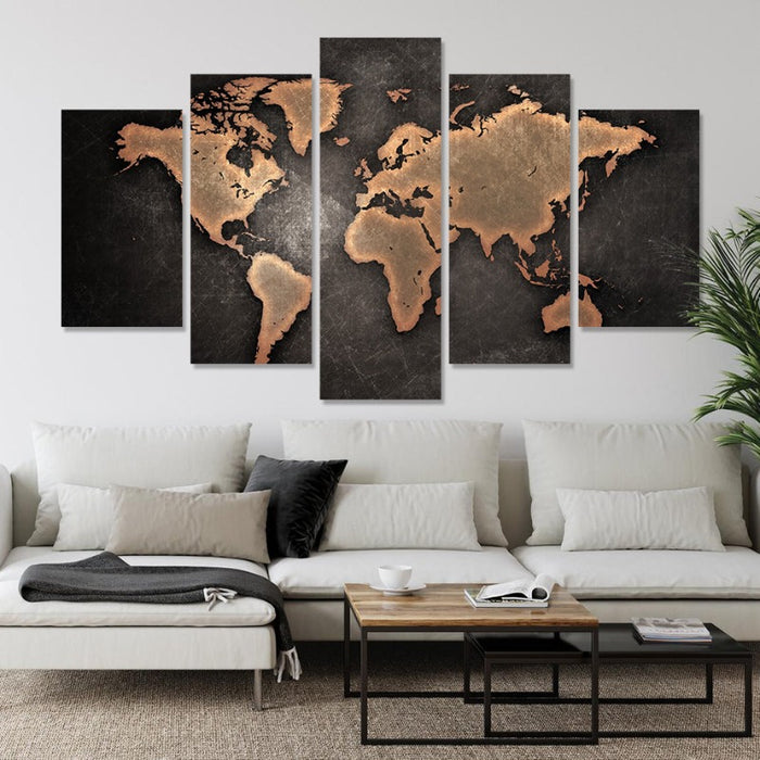 5 Piece Brown World Map - Canvas Wall Art Painting