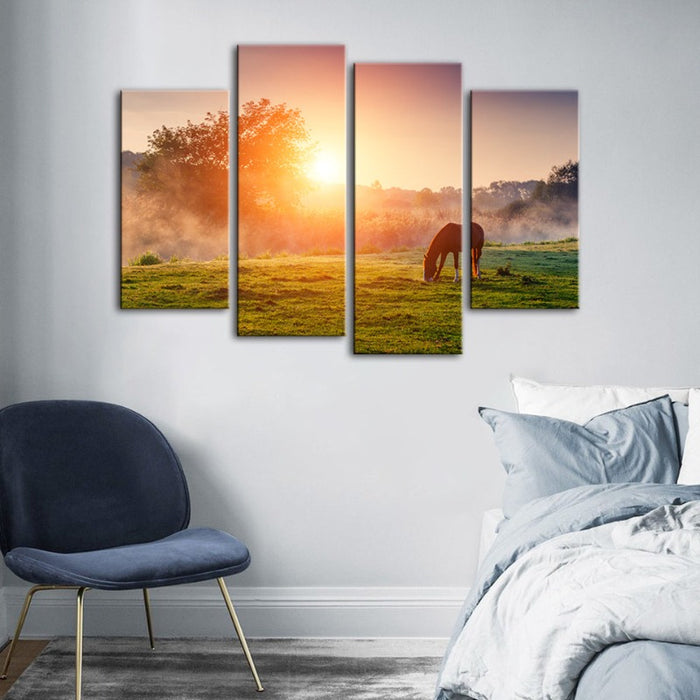 4 Piece Sunrise Grazing Horse - Canvas Wall Art Painting