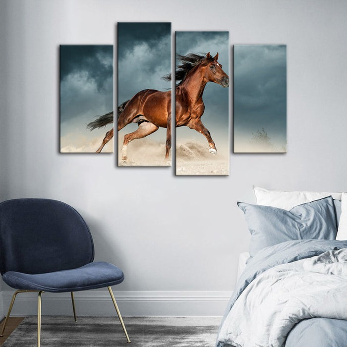 4 Piece Brown Horse in Desert - Canvas Wall Art Painting
