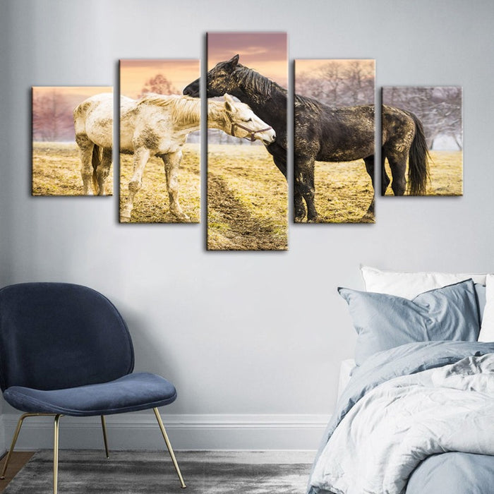 5 Piece Black & White Horses - Canvas Wall Art Painting