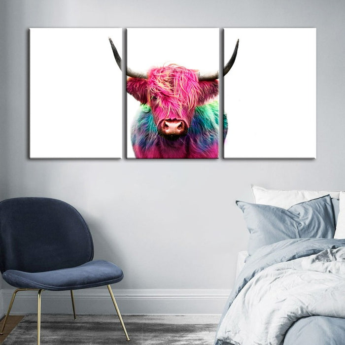 Colorful Pink Cow-Canvas Wall Art Painting 3 Pieces
