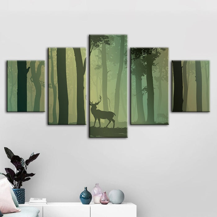 5 Piece Enchanted Green Silhouetted Deer - Canvas Wall Art Painting