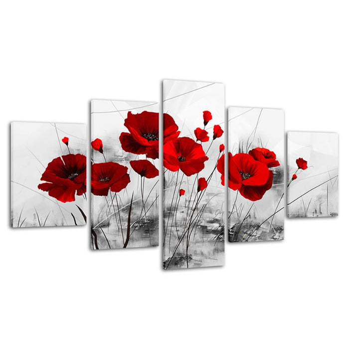 5 Piece White Background Red Flower - Canvas Wall Art Painting