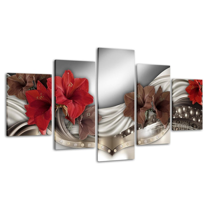 5 Piece Brown & Red Hibiscus Flower - Canvas Wall Art Painting