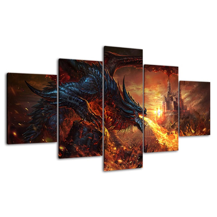 Dragon And Castle - 5 Piece Canvas Wall Art Painting