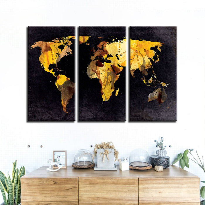 Beautiful Yellow Leaf World Map-Canvas Wall Art Painting 3 Pieces