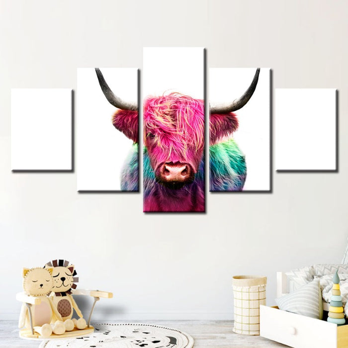 5 Piece Colorful Pink Cow - Canvas Wall Art Painting