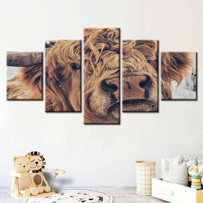 5 Piece Close Up Brown Cow - Canvas Wall Art Painting