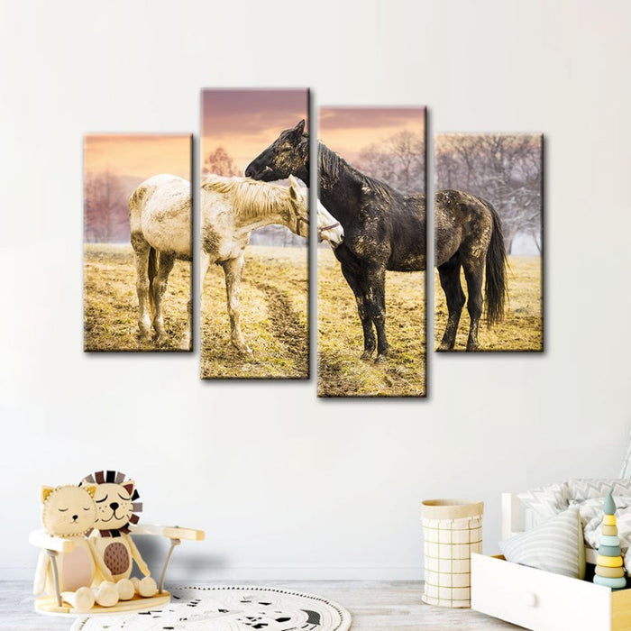 4 Piece Black & White Horses - Canvas Wall Art Painting