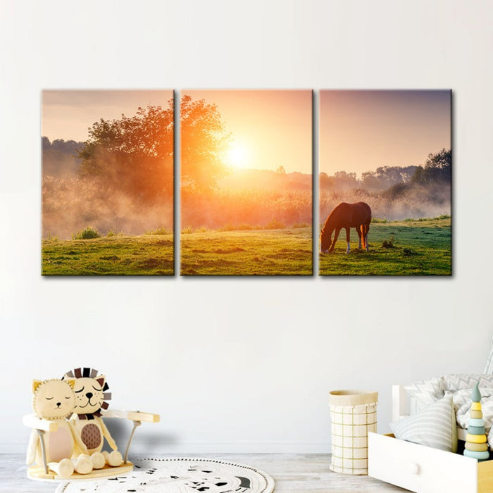 Sunrise Grazing Horse-Canvas Wall Art Painting 3 Pieces