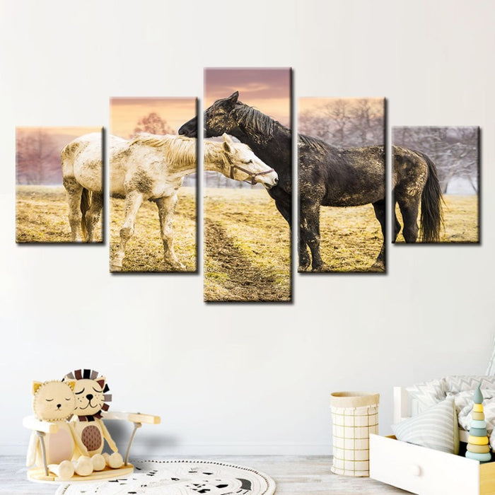 5 Piece Black & White Horses - Canvas Wall Art Painting