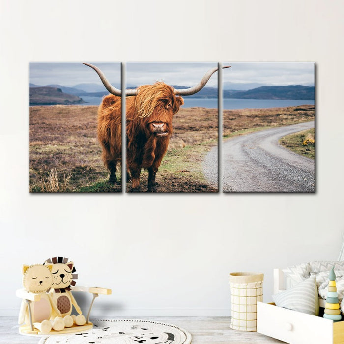 Beautiful Brown Cow-Canvas Wall Art Painting 3 Pieces