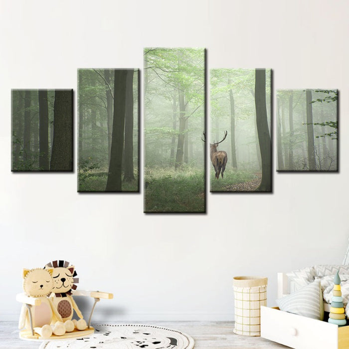5 Piece Misty Mystical Deer In The Woods - Canvas Wall Art Paintings