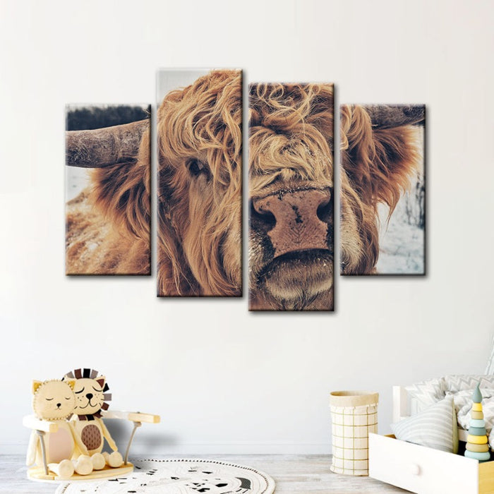 4 Piece Close Up Brown Cow - Canvas Wall Art Painting