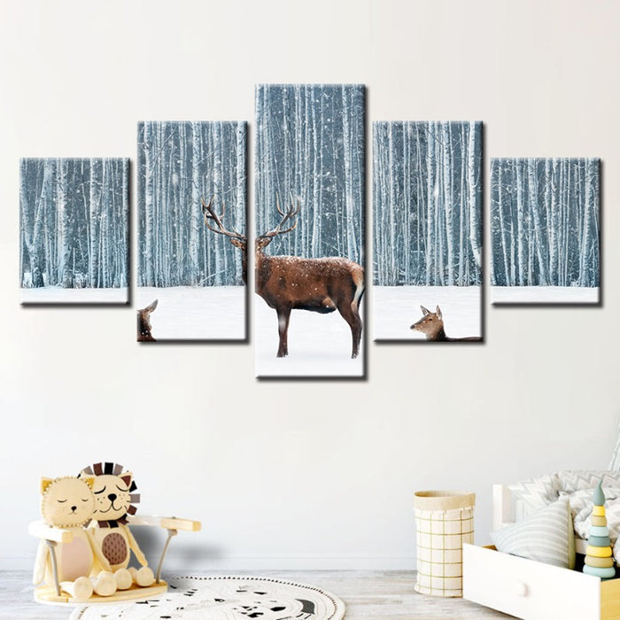 5 Piece Two Does and a Deer in Winter - Canvas Wall Art Painting