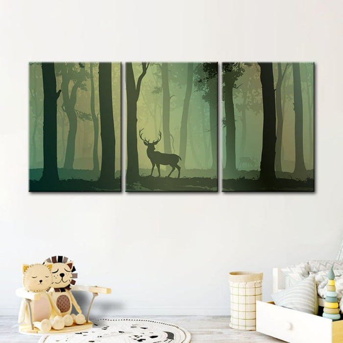 Enchanted Green Toned Silhouetted Deer-Canvas Wall Art Painting 3 Pieces