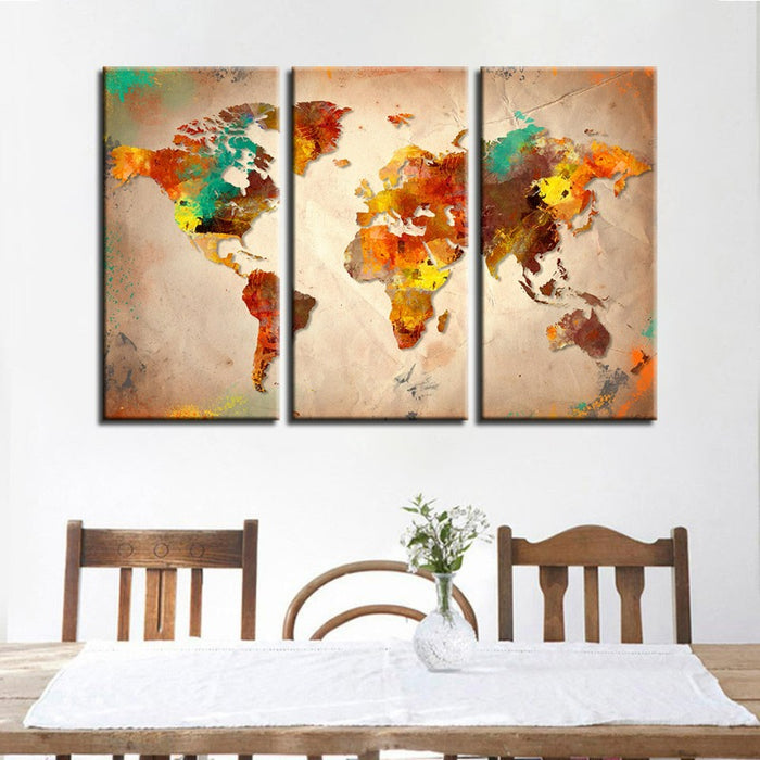 Beautiful Abstract Multi-Color World Map-Canvas Wall Art Painting 3 Pieces