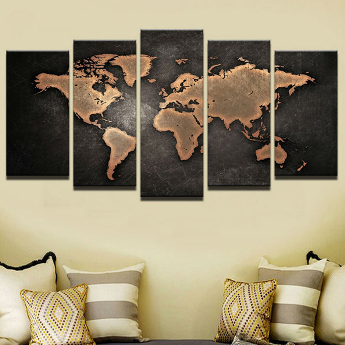 5 Pieces Retro World Map - Canvas Wall Art Painting