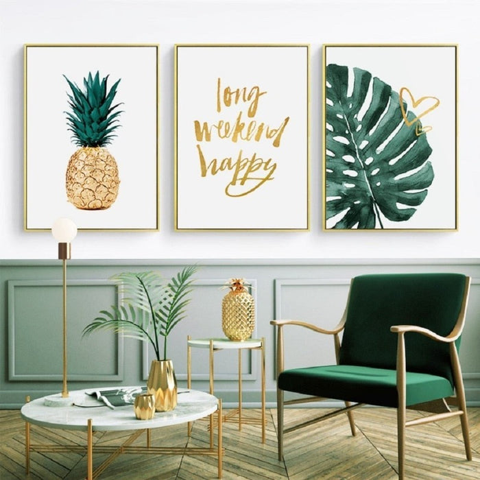 Gold Pineapple Tropical Turtle Leaf Modern - Canvas Wall Art Painting