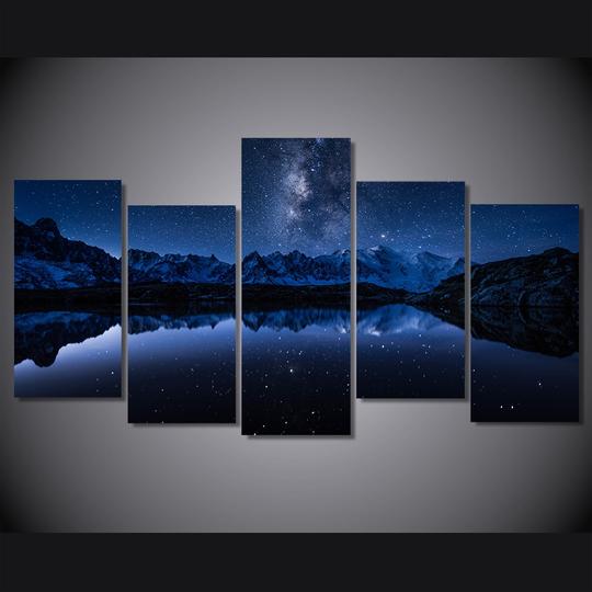 Starry Blue Night: Premium 5 Piece Canvas Wall Art with Twinkling Sky Scene