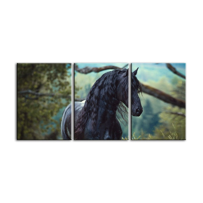 Black Horse in Forest-Canvas Wall Art Painting 3 Pieces