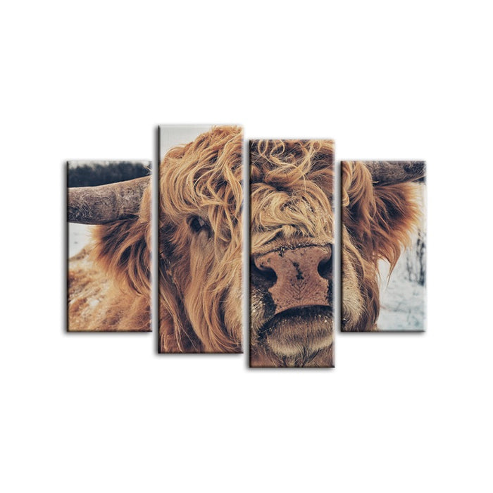 4 Piece Close Up Brown Cow - Canvas Wall Art Painting