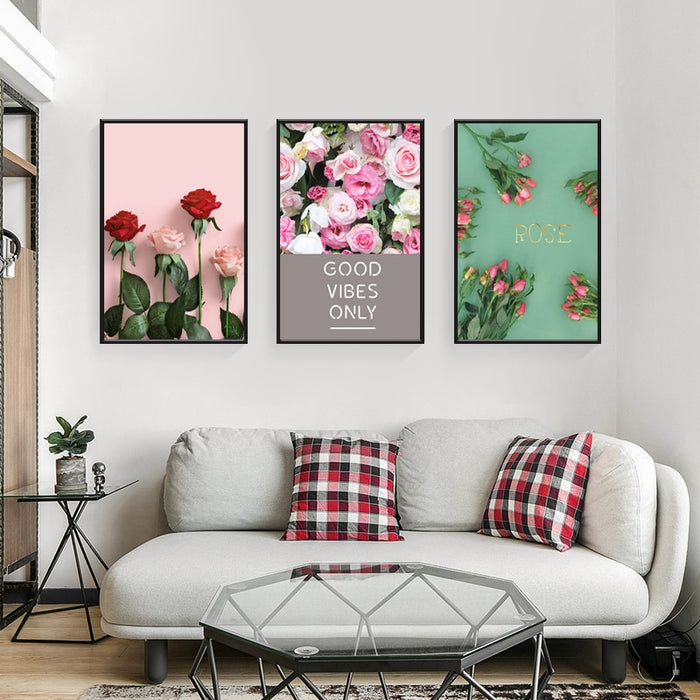 Modern Rose Floral Good Vibes Only - Canvas Wall Art Painting