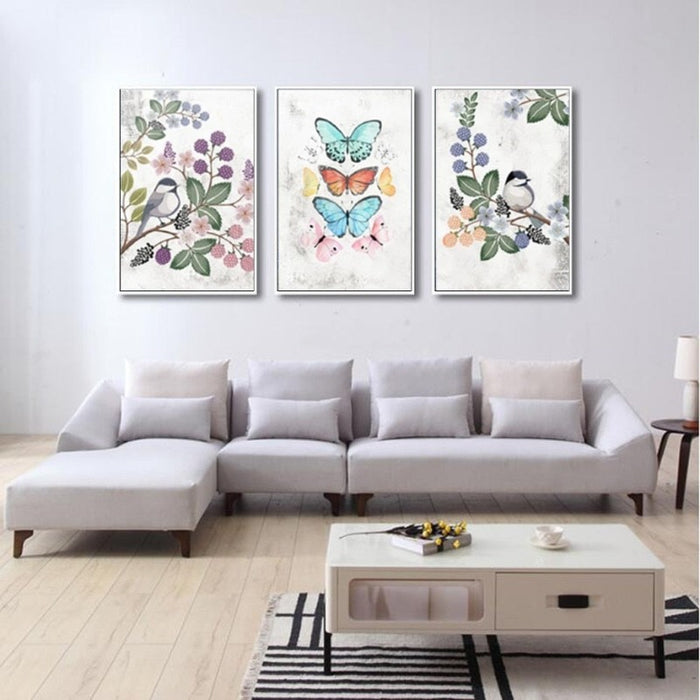 Nordic Vintage Flower Bird Butterfly - Canvas Wall Art Painting