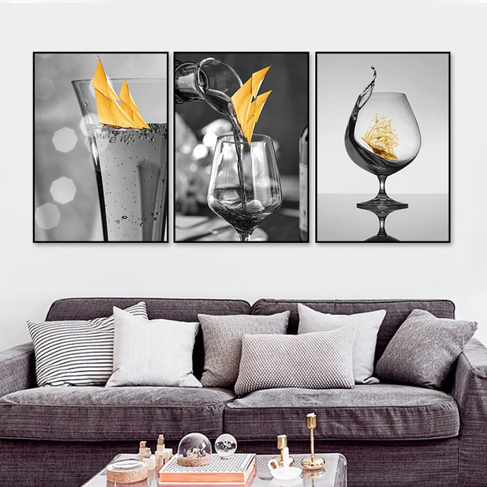 Black Wine Glass With Boat Wall Art - Canvas Wall Art Painting