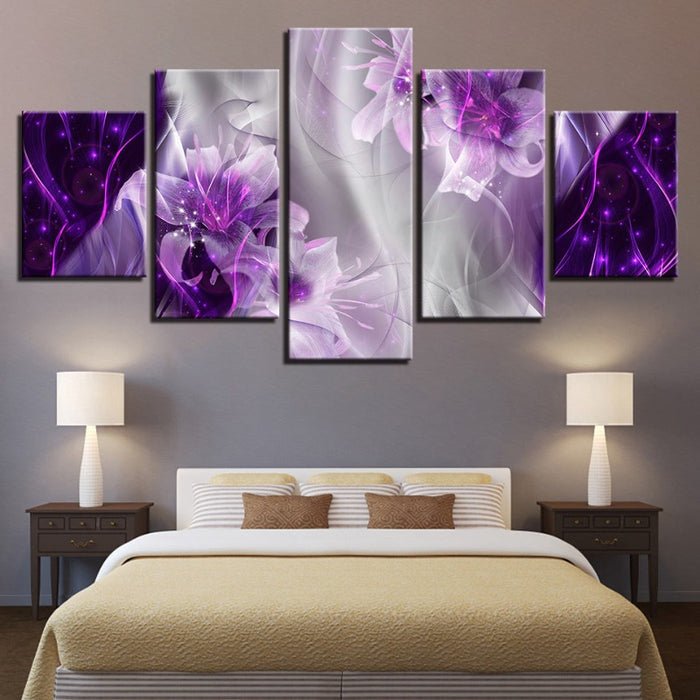 5 Piece White & Purple Magical Flower - Canvas Wall Art Painting