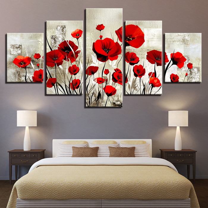 Silver Red Poppy Field 5 Piece - Canvas Wall Art Painting