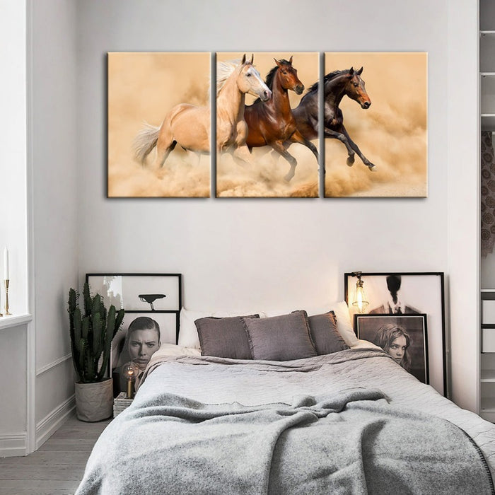 Three Running Horses In Desert-Canvas Wall Art Painting 3 Pieces